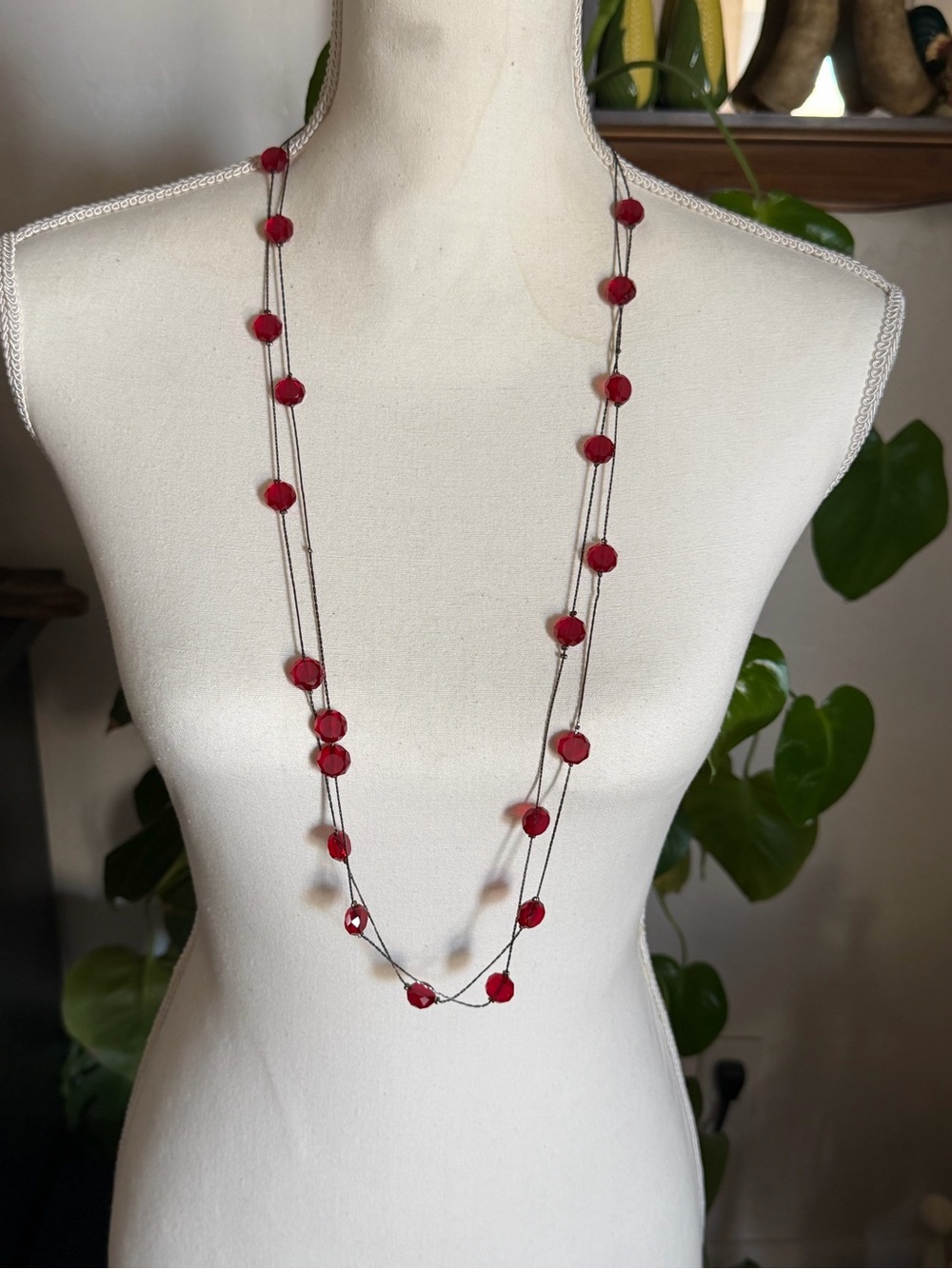 Vintage Red Glass Faucet Cut Beads Long Layered Gunmetal Chain Beaded Necklace